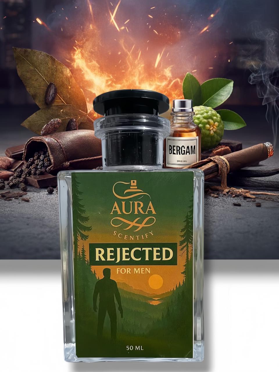 Aura Scentsley 'Rejected' for men perfume bottle with ingredients and fire in the background